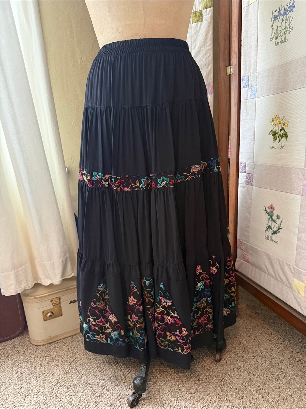 Vintage Benjamin Black Embroidered Maxi Skirt 1990s Tiered Boho Rayon 53” Long